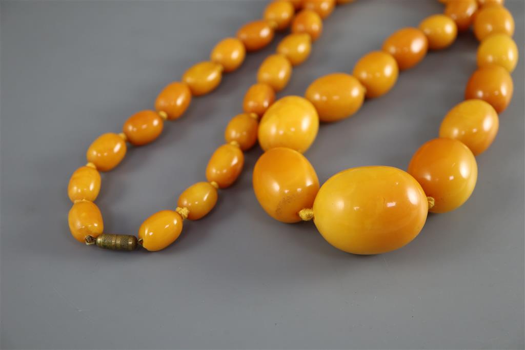 A single strand graduated oval amber bead necklace, 86cm, gross weight 112 grams,